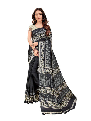 DRAVINAM Trends Women's Soft Printed Mul Mul Satin Saree with Blouse Piece (Black)