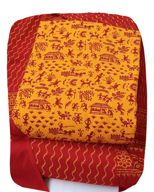 DRAVINAM Trends Women's Premium Cotton Unstitched Salwar Suit Dress Material Set | Traditional Rajasthani Gujari Block Print (Red & Mustard Yellow)