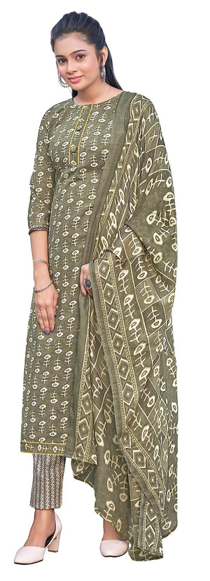 DRAVINAM Trends Women's Pure Cotton Batik Printed Unstitiched Salwar Suit Dress Material with Cotton Printed Dupatta (Grey)
