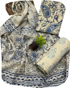 DRAVINAM Trends Hand Block Print Cambric Cotton Unstitched Salwar Suit Set for Women with Pure Chiffon Hand Printed Dupatta
