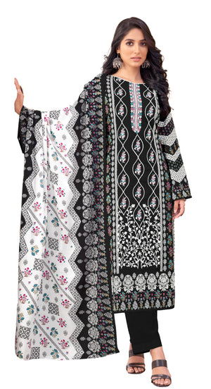 DRAVINAM Trends Women's Pakistani Print Embroidered Unstitcehd Pure Cambric Cotton Salwar Suit Dress Materials with Pure Cotton Printed Dupatta