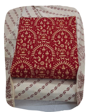 DRAVINAM Trends Women's Premium Cotton Unstitched Salwar Suit Dress Material Set | Traditional Rajasthani Gujari Block Print (Red & Mustard Yellow)
