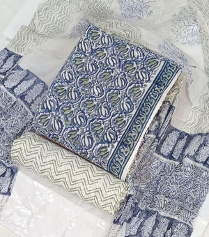 DRAVINAM Trends Hand Block Print Cambric Cotton Unstitched Salwar Suit Set for Women with Pure Chiffon Hand Printed Dupatta