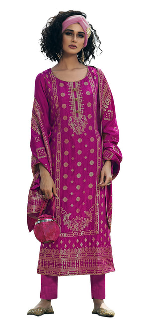DRAVINAM Trends Women's Pure Banarasi Silk Unstitched Embroidered Sharara Style salwar Suit Dress Material with Heavy Pure Banarasi Jacquard Silk Dupatta (Free size_Magenta)
