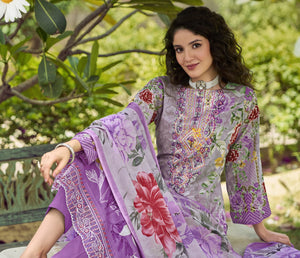 DRAVINAM Trends Women's Pure Cotton Digital Printed Suit with Exclusive Heavy Self-Embroidery Neck & Organza Daman Embroidery | Mal Mal Cotton Printed Dupatta & Bottom – Ready to Wear (OLIVE, XXL)