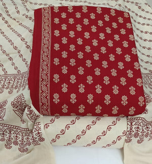 DRAVINAM Trends Women's Premium Cotton Unstitched Salwar Suit Dress Material Set | Traditional Rajasthani Gujari Block Print (Red & Mustard Yellow)