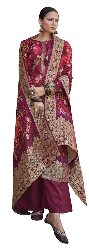 DRAVINAM Trends Women's Pure Dola Silk jacquard Bandhani Digital printed Sharara style Unstitched Suit Dress material with Pure Dola silk Woven Banarasi Dupatta (Free size_Pink)