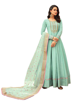 DRAVINAM Trends Women's Heavy Dola silk Embroidered and Hand Work Floor length Unstitched Gown Suit Material with Heavy Net Embroidered and Hand work Dupatta (Free size_Sea Green)
