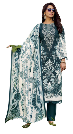 DRAVINAM Trends Women's Unstitched Cotton Suit Dress Material -Embroidered Digital Print Top II Plain Bottoms II Digital Print Dupatta