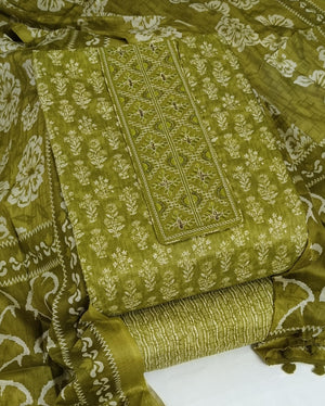 DRAVINAM Trends Women's Printed Embroidered and Hand Work Premium Cotton Jaipuri Unstitched Salwar Suit Dress Material with Mulmul Cotton Dupatta