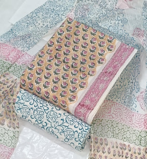 DRAVINAM Trends Hand Block Print Cambric Cotton Unstitched Salwar Suit Set for Women with Pure Chiffon Hand Printed Dupatta