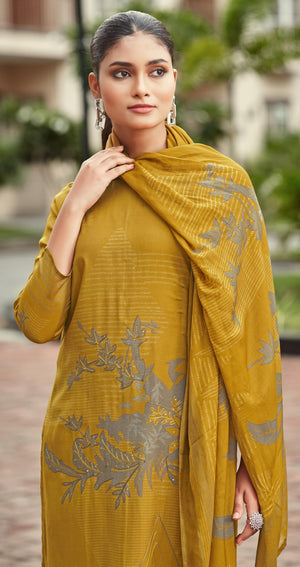 DRAVINAM Trends Unstitch Premium Viscose Bemberg Maslin Suit Dress Material II Pure Maslin Top Fabric with Aari work & Swaroski Detailing I Viscose Rayon Bottom I Digital Printed Maslin Dupatta