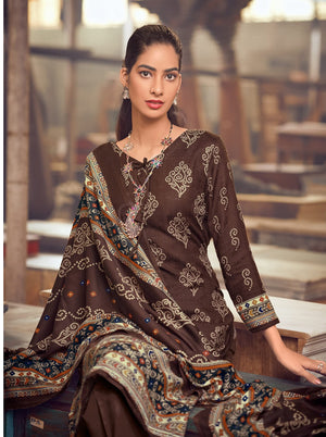 DRAVINAM Trends Un Stitched Women's Woolen Salwar suit Dress Material for winetr wear with warm pashmina shawl dupatta (Dark Brown)