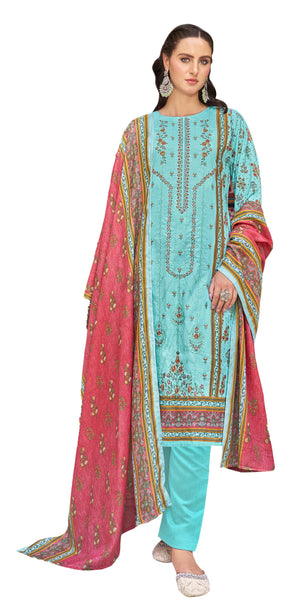 DRAVINAM Trends Unstitched Karachi Lawn Cotton Pakistani Digital Printed Embroidered Suit Dress Material with Unstitched Bottoms and Cotton Dupatta