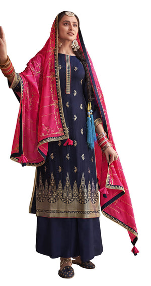 DRAVINAM Trends Women's Pure Banarasi Silk Jacquard Sequence embroidered Unstitched Salwar Suit Dress material with Chinon Silk Sequence and Embroidered Heavy Dupatta (Free size_Blue)