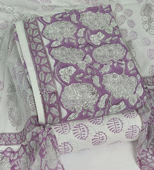 DRAVINAM Trends Hand Block Print Cambric Cotton Unstitched Salwar Suit Set for Women with Pure Chiffon Hand Printed Dupatta