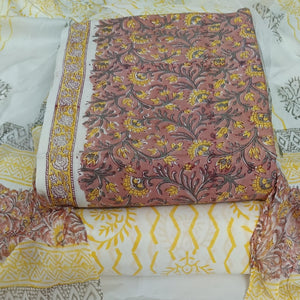 DRAVINAM Trends Hand Block Print Cambric Cotton Unstitched Salwar Suit Set for Women with Pure Chiffon Hand Printed Dupatta