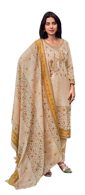 DRAVINAM Trends Unstitched Printed Embroidery Work Pure Cotton Salwar Suits Dress Material with Cotton Dupatta (Beige)
