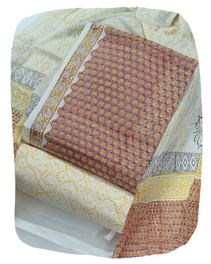 Hand Block Bagru Print Pure Cambric Cotton Unstitched Suit Material with Chiffon Hand Printed Dupatta