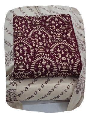 DRAVINAM Trends Women's Premium Cotton Unstitched Salwar Suit Dress Material Set | Traditional Rajasthani Gujari Block Print (Red & Mustard Yellow)