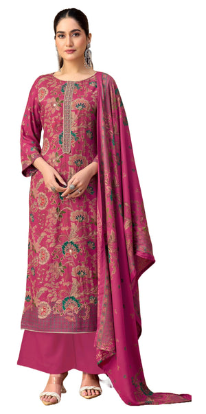 DRAVINAM Trends Women's Winter Wear Unstitched Discharge Print Hand Work Neck Embroidered Woollen Viscose Pashmina Salwar Suit Dress Material with Pashmina Printed Shawl Dupatta