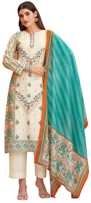 DRAVINAM Trends Women's Unstitched Masline Embroidered Suit Material - Viscose Maslin Embroidered Printed Shirt II Maslin Bottoms II Maslin Digital Printed Dupatta