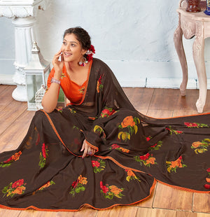 DRAVINAM Trends Women's Pure georgette Bandhani Print saree with Lace Borders and Solid Blouse Piece (Black)