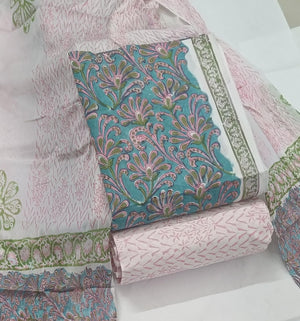 DRAVINAM Trends Hand Block Print Cambric Cotton Unstitched Salwar Suit Set for Women with Pure Chiffon Hand Printed Dupatta