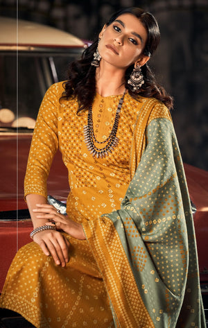 DRAVINAM Trends Women's Unstitched Bandhani Printed Woollen Pashmina Salwar Suit Dress Material with and Pashmina Printed Shawl Dupatta (Free Size_Yellow)