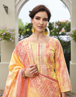 DRAVINAM Trends Unstitched Printed Embroidered Lace Work Cotton Salwar Suits Dress Material with Cotton Dupatta