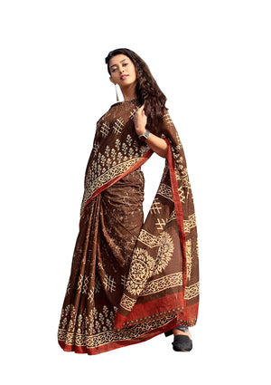DRAVINAM Trends Women's Linen Printed Saree with Blouse Piece (Brown)