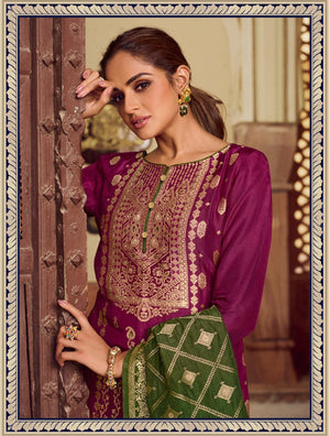 DRAVINAM Trends Unstitched Meenakari Zari Dola Banarasi Silk Salwar suit Dress Material with Dola Jacquard Double Jari Heavy Beautiful Dupatta (Peach and Dark Purple)