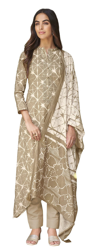 DRAVINAM Trends Women's Unstitched Dizital Geometric Print Pure Woollen Pashmina Salwar Kameez Dress Material with fancy work and Pure Pashmina Printed Shawl Dupatta (Free Size_Brown)