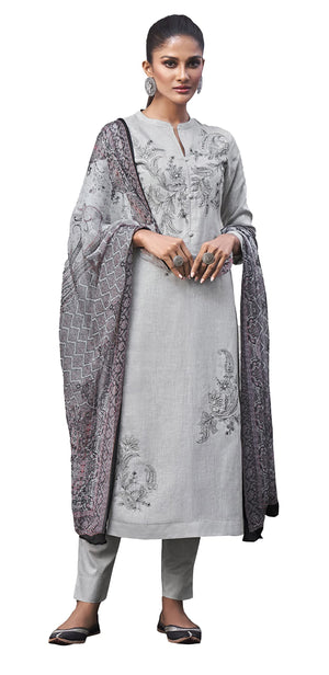 DRAVINAM Trends Women's Unstitched Emnroidered and Beads Work Cotton Slub Salwar Suit Dress Material with Digital Printed Bember Chiffon Half Pure Dupatta (Free Size_Grey)