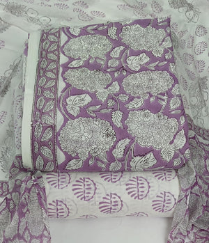 DRAVINAM Trends Hand Block Print Cambric Cotton Unstitched Salwar Suit Set for Women with Pure Chiffon Hand Printed Dupatta