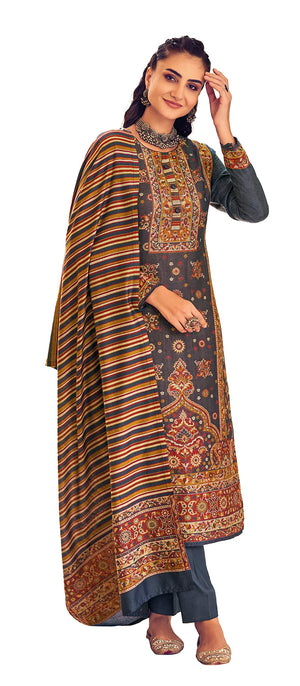 DRAVINAM Trends Women's Winter wear Pure Handloom Jacquard Weaving Wool pashmina salwar suit Dress material with Pure Handloom Weaving Pashmina wool shawl dupatta (Grey)