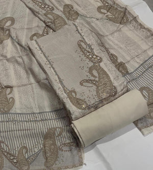 DRAVINAM Trends Women's Elegant Taupe & Off-White Embroidered Pure Muslin Dress Material with Printed Dupatta