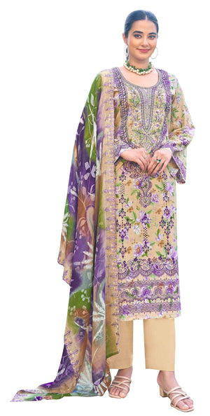 DRAVINAM Trends Unstitched Cotton Suit Dress Material Set: Pakistani Print Top Fabric with Embroidery | Customizable Solid Bottoms | Cotton Fancy Dupatta