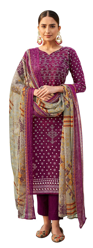 DRAVINAM Trends Women's Unstitched Salwar Suit Dress Material - Pure Cotton Print with Mirror Work Kameez | Plain Bottom |Chiffon Print Dupatta
