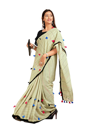 DRAVINAM Trends Women's Khadi Linen Saree With Blouse Piece (SareePN_6_Beige & Black)