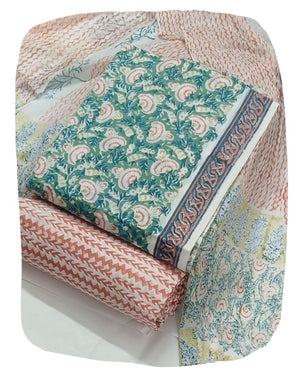 DRAVINAM Trends Hand Block Print Pure Cambric Cotton Unstitched Suit Material with Chiffon Hand Printed Dupatta