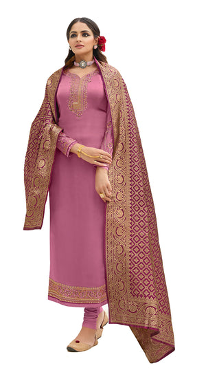 DRAVINAM Trends Women's Satin Georgette Zari Embroidered Chudidaar Suit Dress Material with Pure Banarasi Heavy Woven Dupatta (With Inner) (Free size_Pink)
