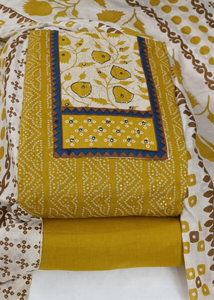 DRAVINAM Trends Women's Unstitched Cambric Cotton Dress Material Salwar Suit Set with Dupatta | Geometric Batik Print & Embellished Neckline (Multicolor)