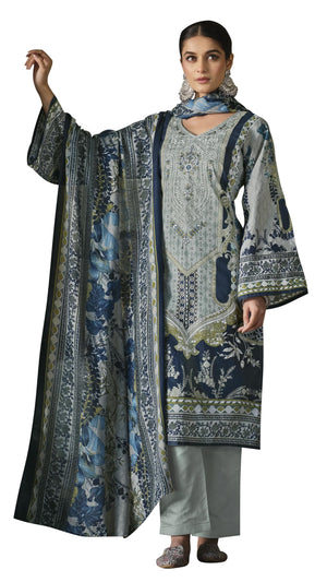 DRAVINAM Trends Women's Stitched Digital Style Print Embroidered Pure Cotton Kurta Pant Suit Set II Solid Pants II Printed Malmal Dupatta (XL / 42)