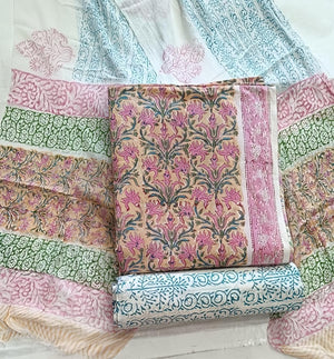 DRAVINAM Trends Hand Block Print Cambric Cotton Unstitched Salwar Suit Set for Women with Pure Chiffon Hand Printed Dupatta