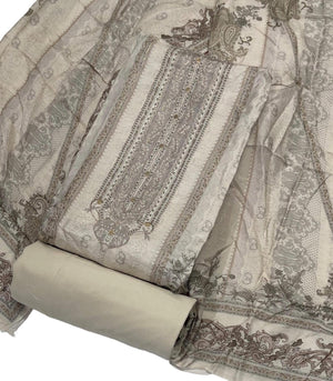 DRAVINAM Trends Women's Elegant Taupe & Off-White Embroidered Pure Muslin Dress Material with Printed Dupatta