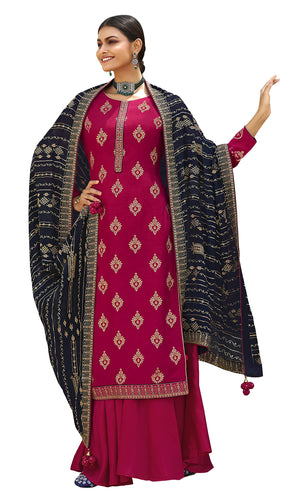 DRAVINAM Trends Women's Pure Banarasi Silk Jacquard Sequence embroidered Unstitched Salwar Suit Dress material with Chinon Silk Sequence and Embroidered Heavy Dupatta (Free size_Blue)