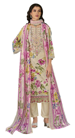 DRAVINAM Trends Women's Pure Cotton Digital Printed Suit with Exclusive Heavy Self-Embroidery Neck & Organza Daman Embroidery | Mal Mal Cotton Printed Dupatta & Bottom – Ready to Wear (OLIVE, XXL)