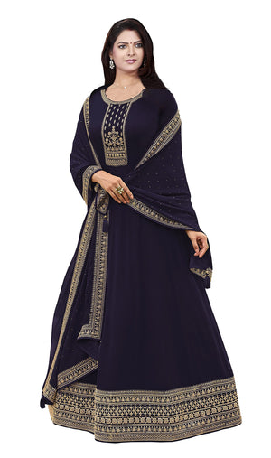 DRAVINAM Trends Women's Pure Georgette Heavy Zari Embroidered Anarkali Unstitched Suit Gown material with Georgette Embroidered and Swaroski work Dupatta (Free Size_Pinkish Red)