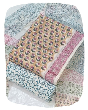 DRAVINAM Trends Hand Block Print Cambric Cotton Unstitched Salwar Suit Set for Women with Pure Chiffon Hand Printed Dupatta
